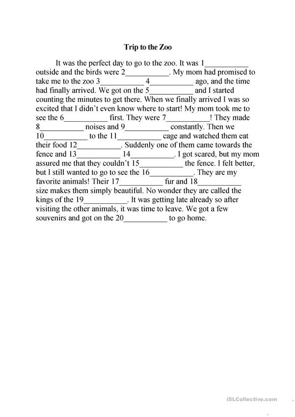 Zoo Mad Libs Story Template Activity for Elementary Grammar and Addition Skills Second grade students completing a zoo-themed Mad Libs worksheet with fill-in-the-blank story prompts for parts of speech practice