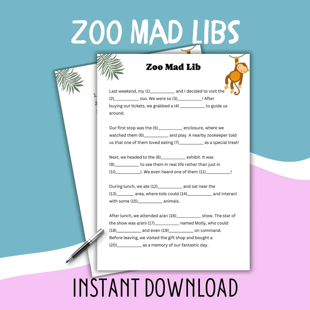 Zoo Mad Libs Activity Sheet for Elementary Students Learning Parts of Speech A second grade student completing a zoo-themed Mad Libs worksheet by filling in blanks for nouns, verbs, and adjectives to create a silly story