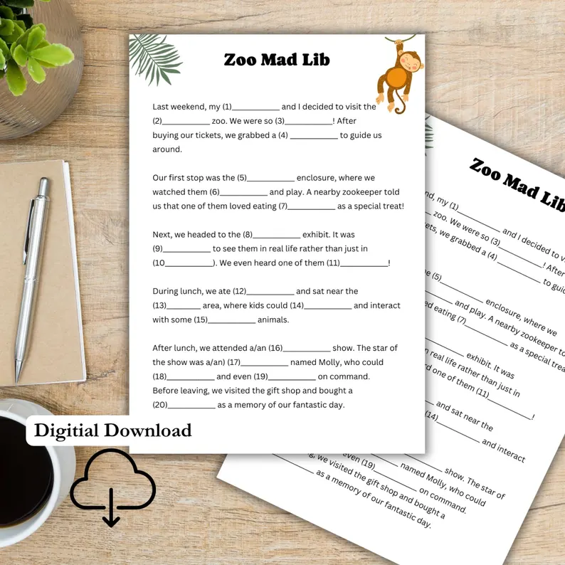 Zoo Mad Libs Story Template Activity for Young Learners Second grade students completing a zoo-themed Mad Libs worksheet with fill-in-the-blank story prompts for parts of speech practice