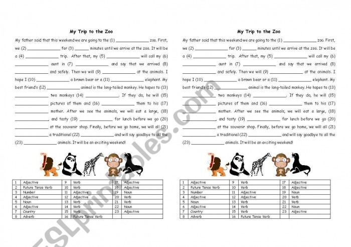 Zoo Mad Libs Activity Sheet 12 for Elementary Grammar and Creative Writing Second grade students completing a zoo-themed Mad Libs worksheet with fill-in-the-blank story prompts for parts of speech practice