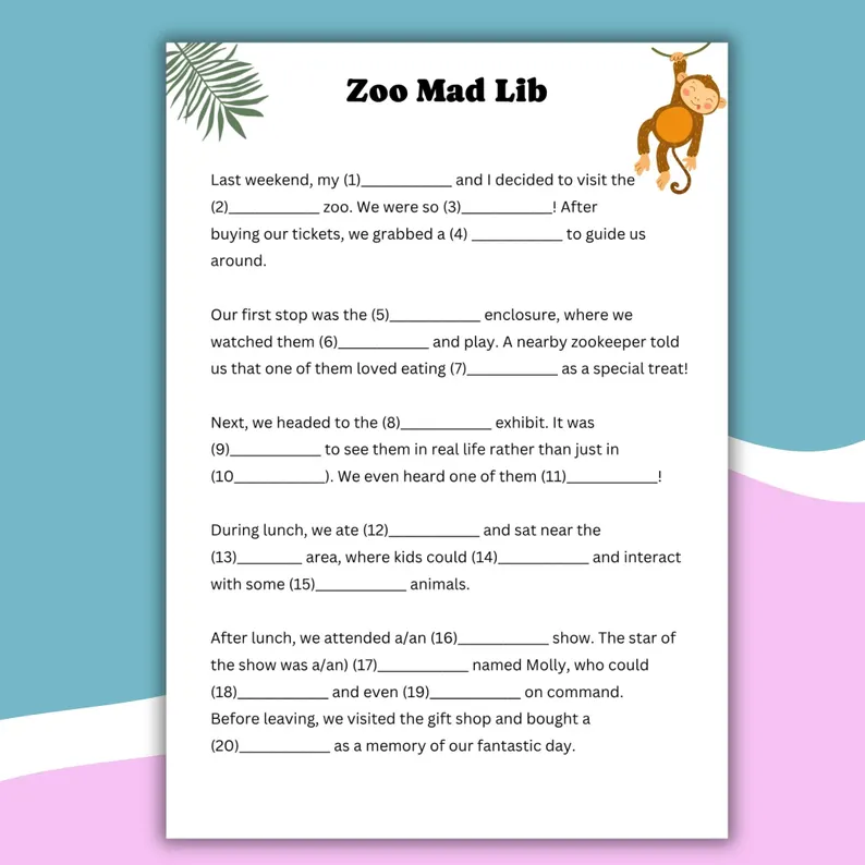 Zoo Mad Libs Activity Sheet 7 for Elementary Grammar and Addition Skills Second grade students completing a zoo-themed Mad Libs worksheet with fill-in-the-blank story prompts for parts of speech practice