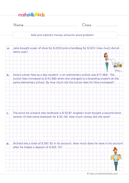 A Day at the Zoo: Multiplying Money Word Problems worksheet for Fifth Grade