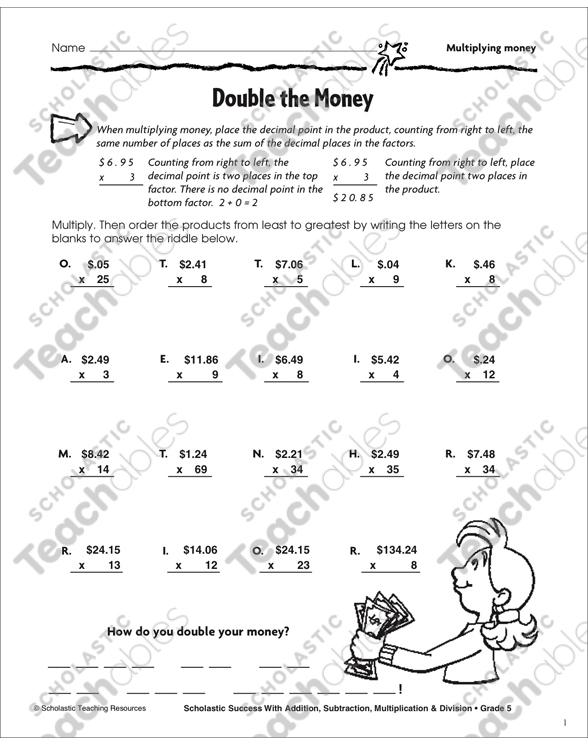 A fifth grade math worksheet featuring zoo-themed money word problems for multiplying currency values