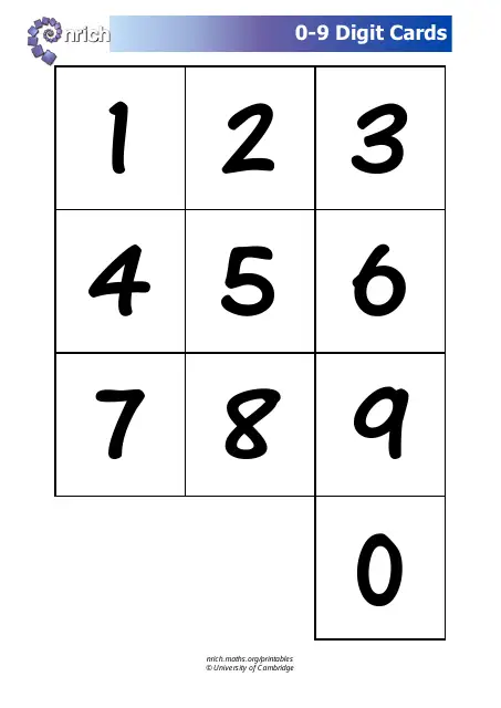 Place Value worksheet for First Grade 0–9 Digit Cards worksheet for First Grade