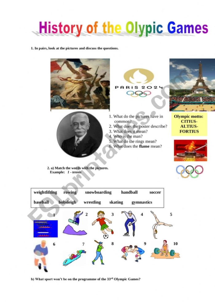1896 Olympics reading worksheet for third graders featuring the first modern games Third grade worksheet about the 1896 Olympics in Greece with reading activities