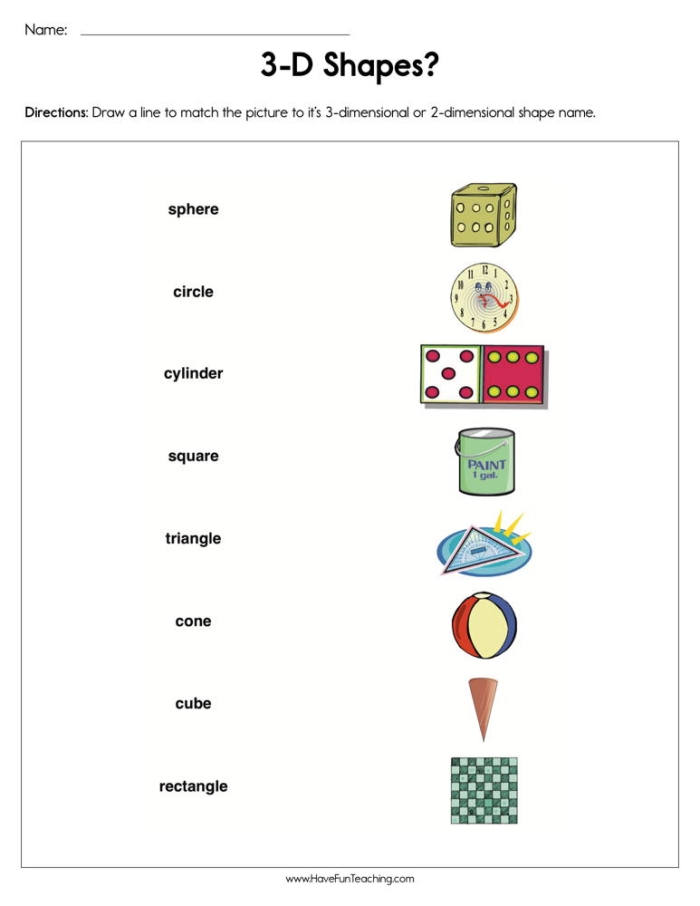 Kindergarten worksheet featuring matching and coloring of three-dimensional shapes