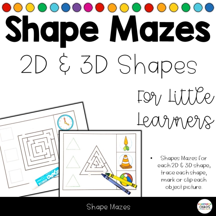 Three-Dimensional Shapes Maze Activity for Kindergarten Learners A kindergarten student traces a colorful maze pathway connecting three-dimensional shapes like cubes, spheres, and cylinders to practice shape recognition