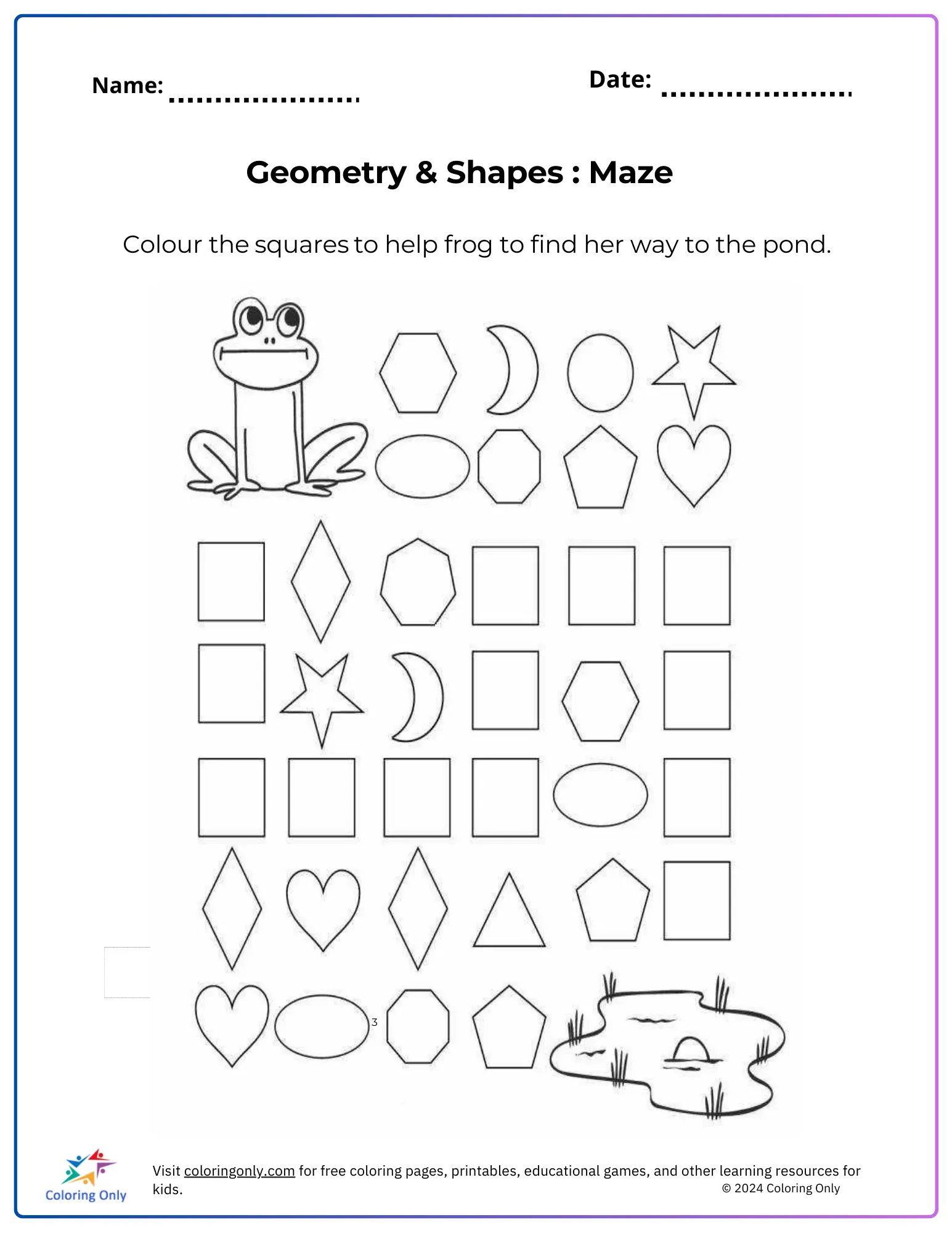 Three-Dimensional Shapes Maze Activity 13 for Early Learners Kindergarten student tracing a colorful maze pathway made of three-dimensional shapes like cubes, spheres, and cylinders