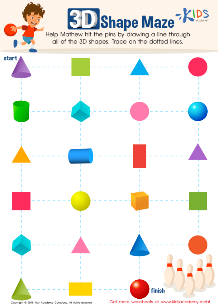 Three-Dimensional Shapes Maze Activity for Early Learners Exercise 20 Kindergarten student tracing a colorful maze pathway made of three-dimensional shapes like cubes, spheres, and cylinders
