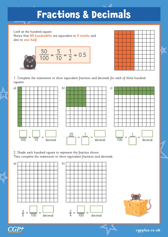 Fourth grade equivalent fractions and decimals practice worksheet with conversion problems for students