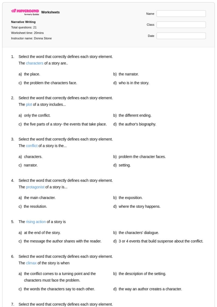 Seventh grade narrative writing rubric worksheet with assessment criteria