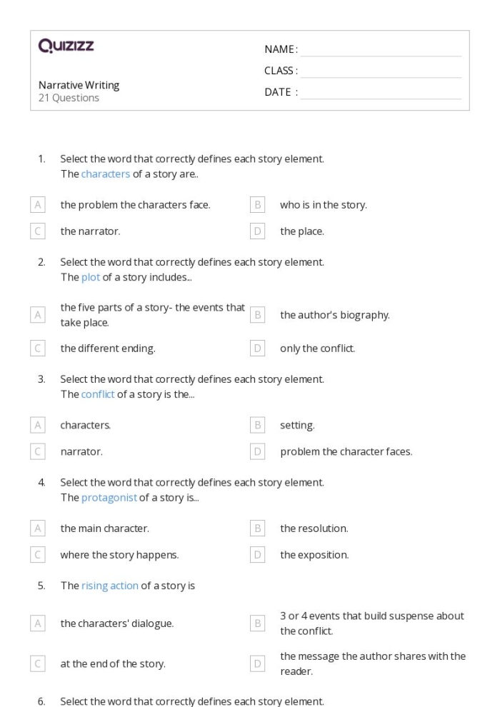 Seventh grade narrative writing rubric worksheet showing assessment criteria