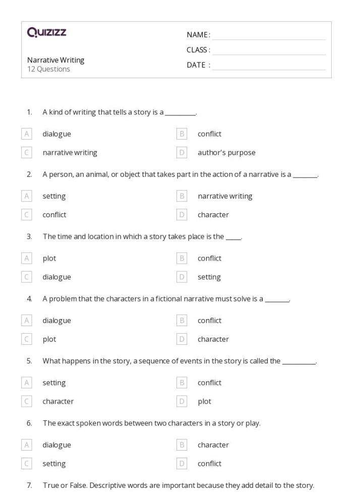 Seventh grade narrative writing rubric worksheet for evaluating student stories