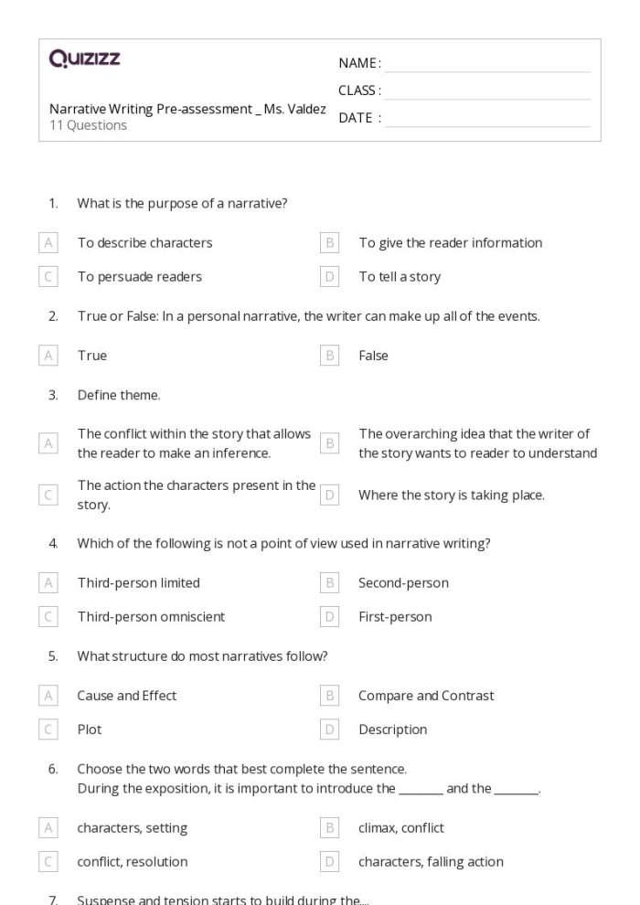 Seventh grade narrative writing rubric worksheet for evaluating student stories