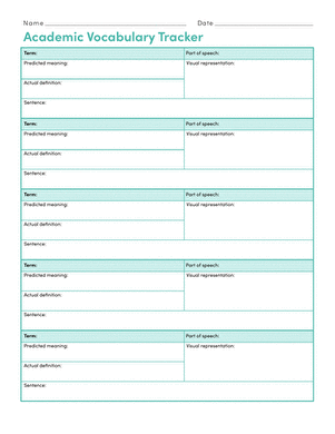 Engaging worksheet designed to enhance academic word knowledge in middle school students Academic Vocabulary Tracker worksheet for sixth graders focusing on vocabulary development