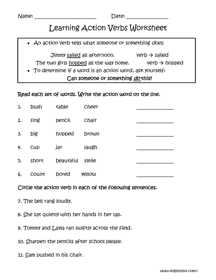 Identifying Action Verbs exercise for third graders in grammar and mechanics section Third grade worksheet focused on identifying action verbs and distinguishing active from passive verbs