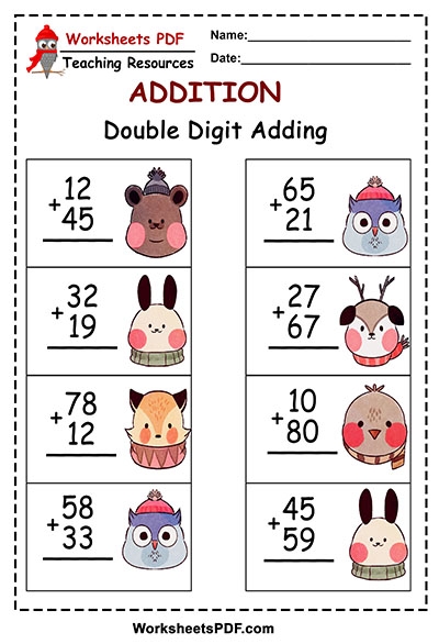 Colorful worksheet for second graders featuring double-digit addition activities in an art gallery theme