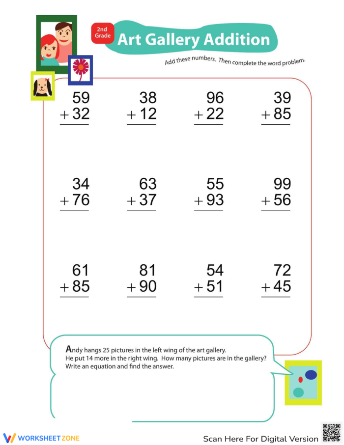 Colorful worksheet featuring double-digit addition activities set in an art gallery theme for second graders