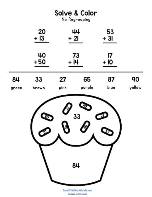 Colorful worksheet for second graders featuring double-digit addition activities in an art gallery theme