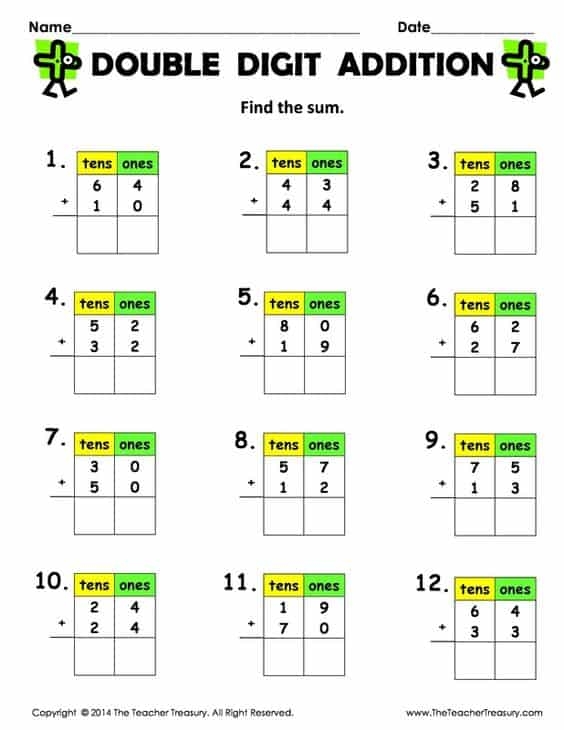 Colorful worksheet featuring double-digit addition activities set in an art gallery theme for second graders