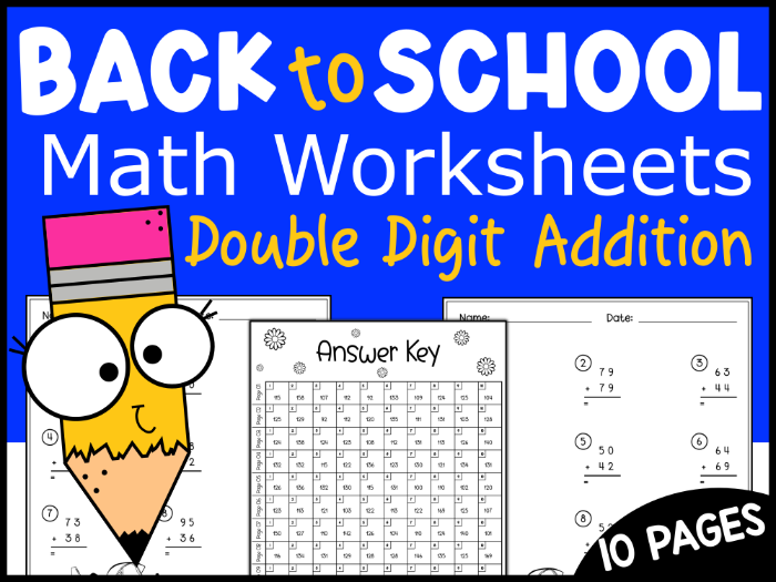 Colorful worksheet titled "Adding Double-Digits at the Art Gallery" designed for second graders