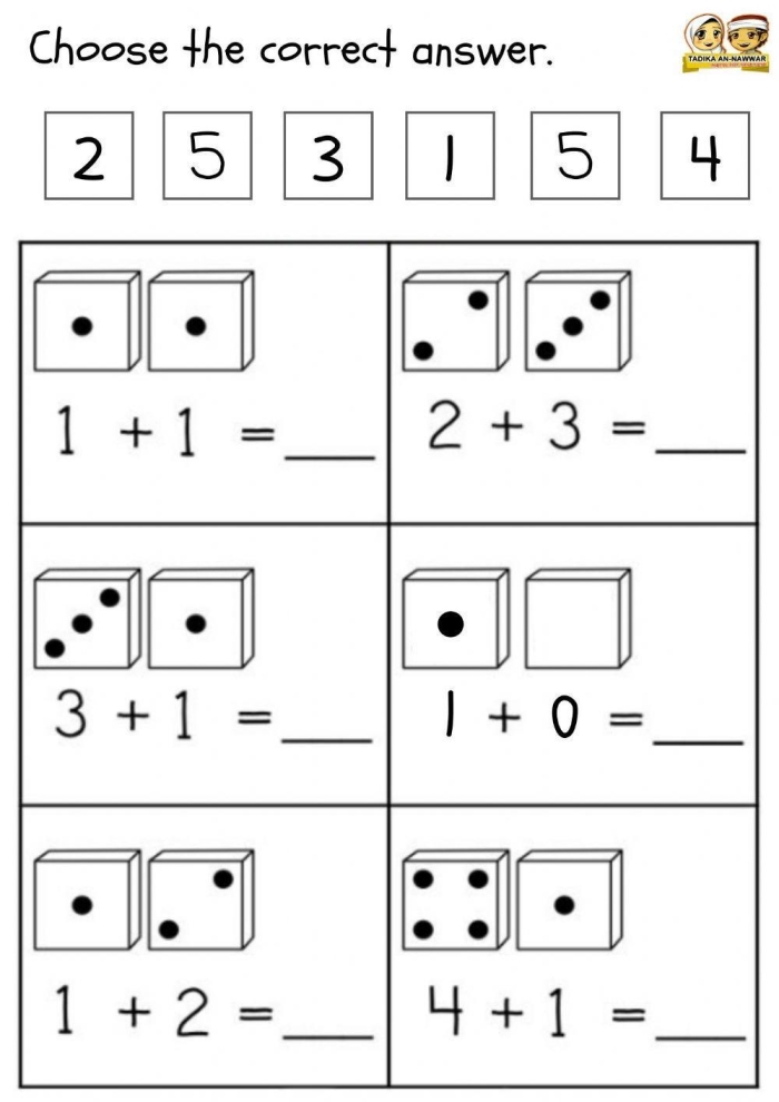 First Grade math worksheet on adding five to numbers up to ten with colorful illustrations