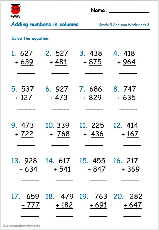 First Grade math worksheet for practicing addition of five to numbers up to ten