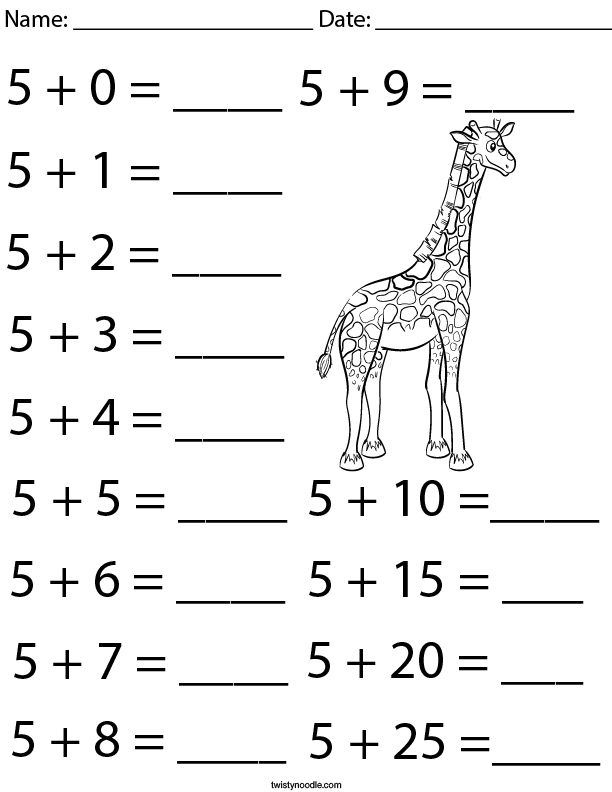 First grade student practicing addition by adding five to single-digit numbers