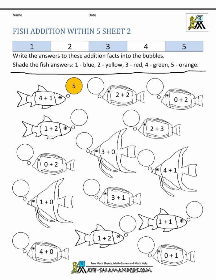 First Grade math worksheet showing exercises on adding five to numbers up to 10