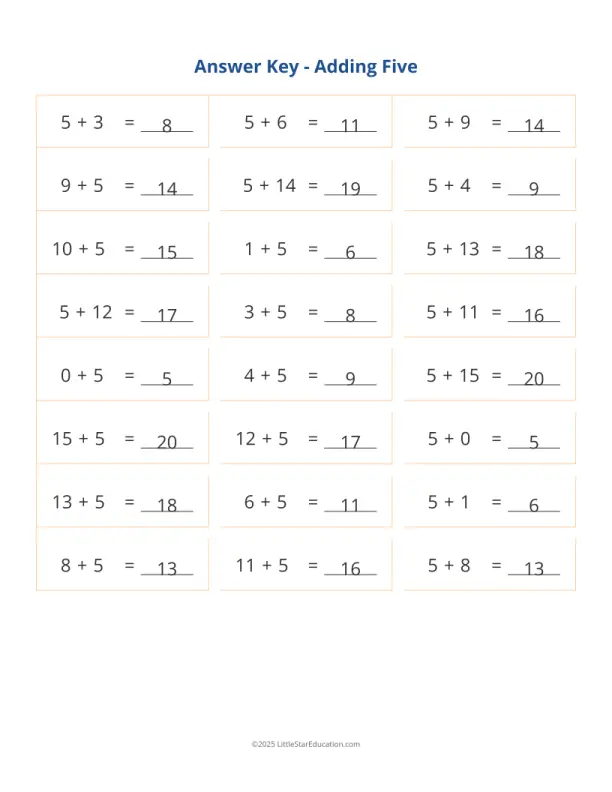 First Grade math worksheet for adding five to numbers up to ten