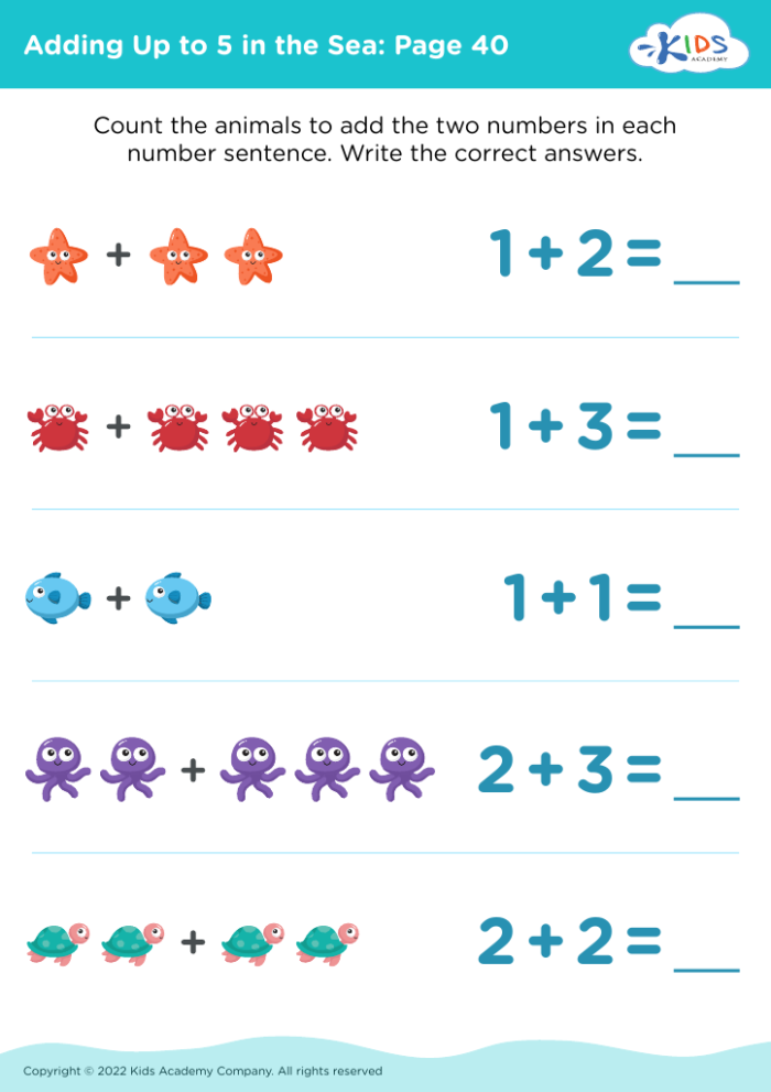 First Grade student completing an adding five worksheet with numbers up to ten