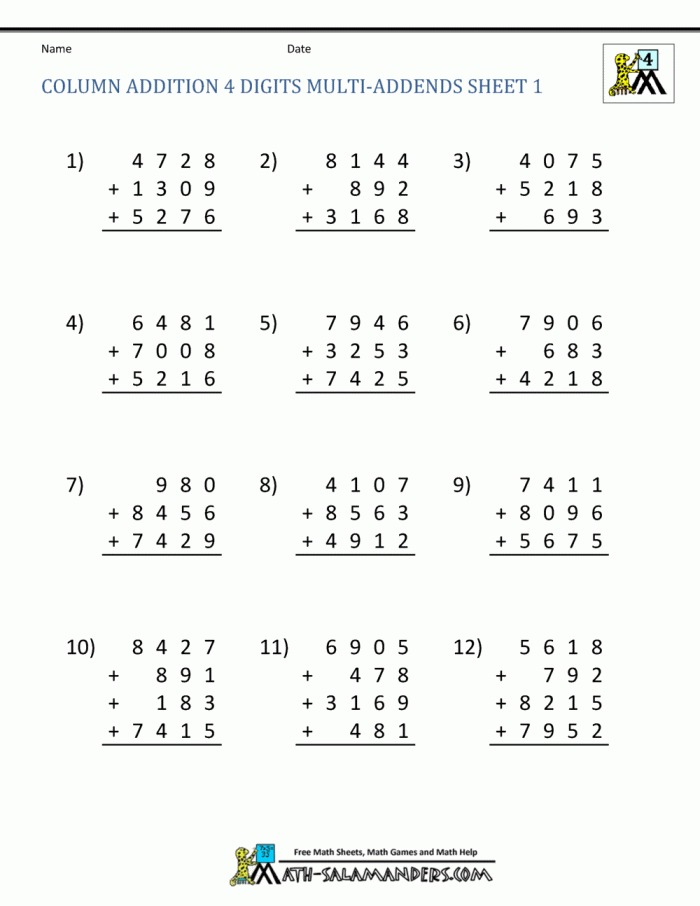 Adding Four to Numbers Within 10 - First Grade Math Practice Sheet 17 First grade addition worksheet showing practice problems for adding four to numbers within ten with colorful illustrations and fill-in boxes