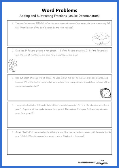 Fifth grade worksheet on adding fractions with different denominators in word problems