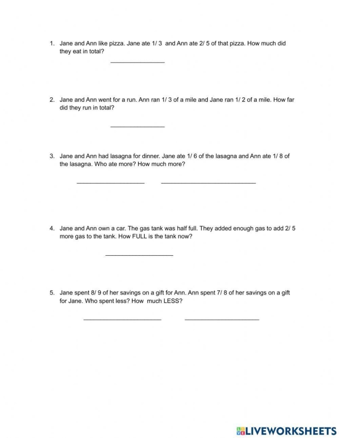 Fifth grade worksheet focused on adding fractions with unlike denominators in word problems
