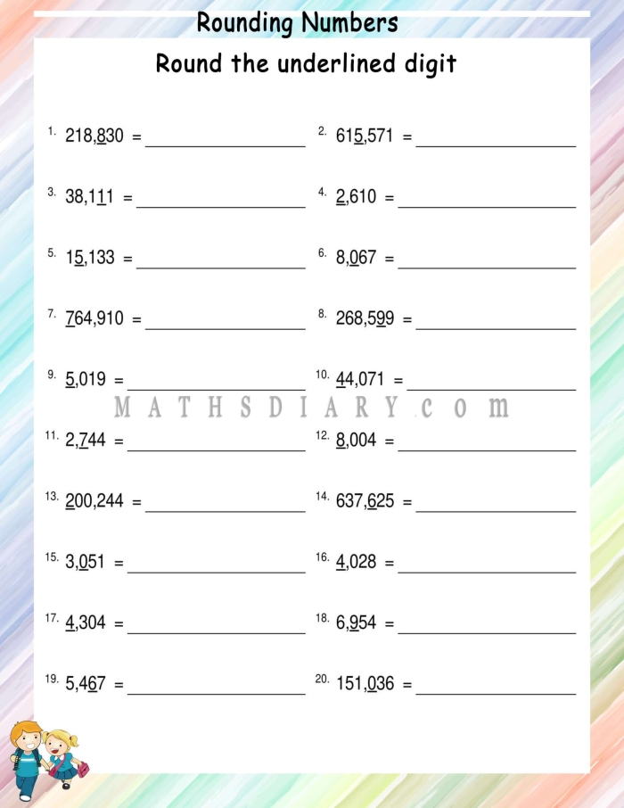 First grade math worksheet for rounding numbers to the nearest ten, focused on addition skills