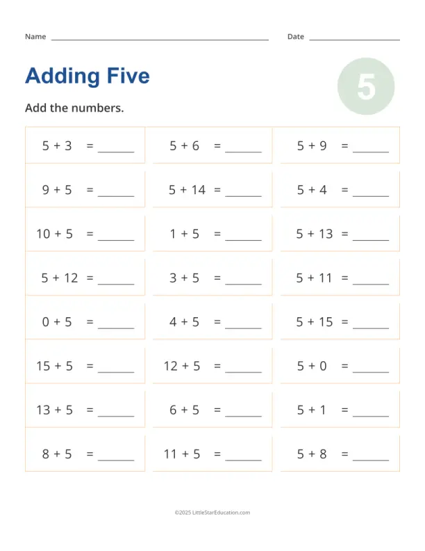 First grade math worksheet for practicing addition by adding five to numbers up to ten