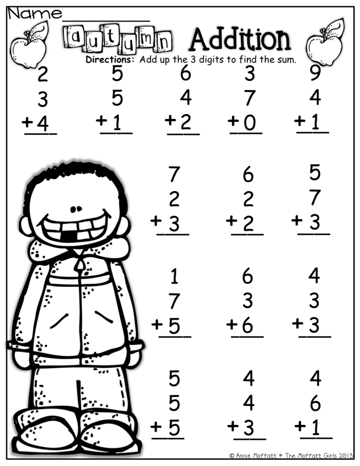 First Grade student completing an Assessment: Adding Three Numbers worksheet to practice addition skills