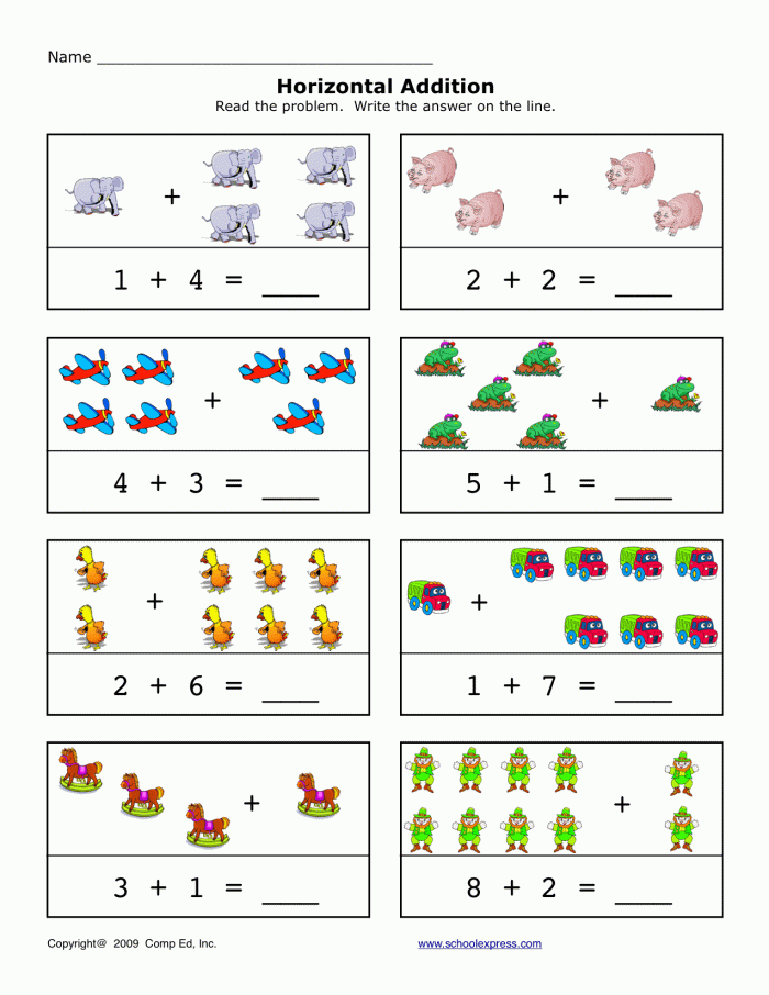 Fun picture addition worksheet for kindergarteners to practice mixed operations with vehicles Colorful addition worksheet for kids featuring vehicles to count and solve picture equations