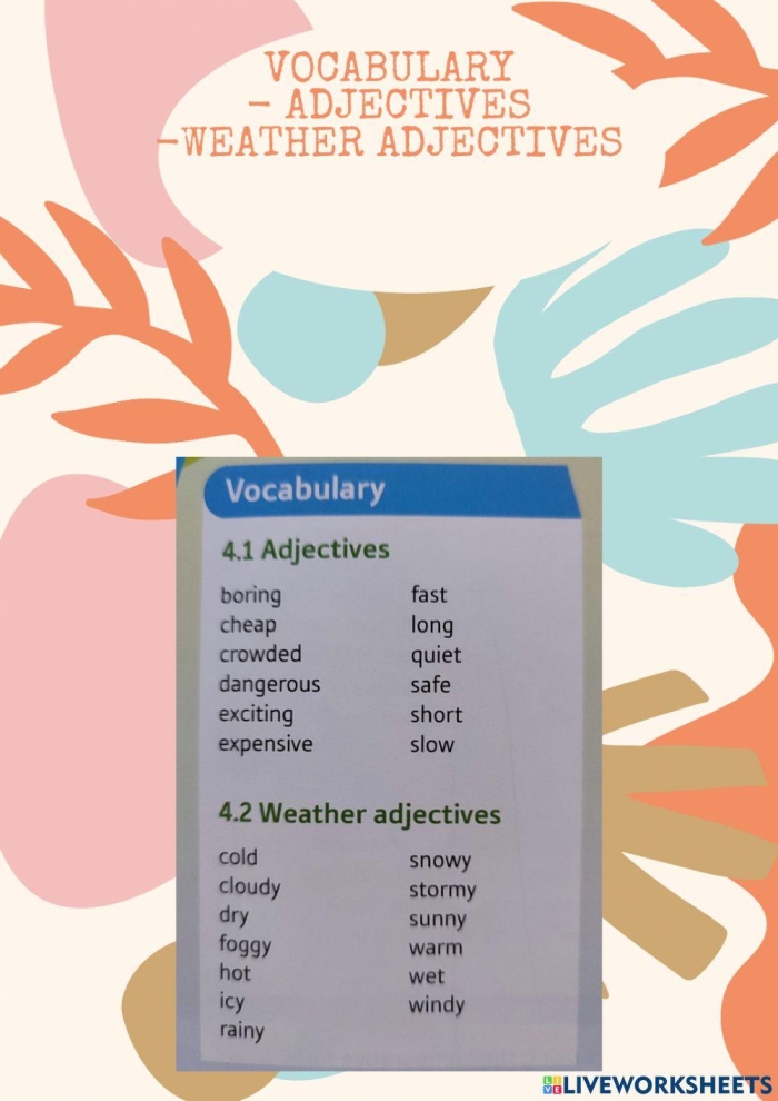 Adjectives to Describe Weather worksheet for second graders focusing on grammar practice