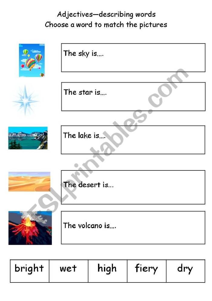 Worksheet featuring adjectives for describing weather scenarios