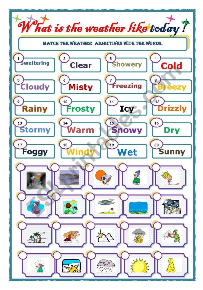 Adjectives to Describe Weather worksheet for second graders focusing on grammar skills