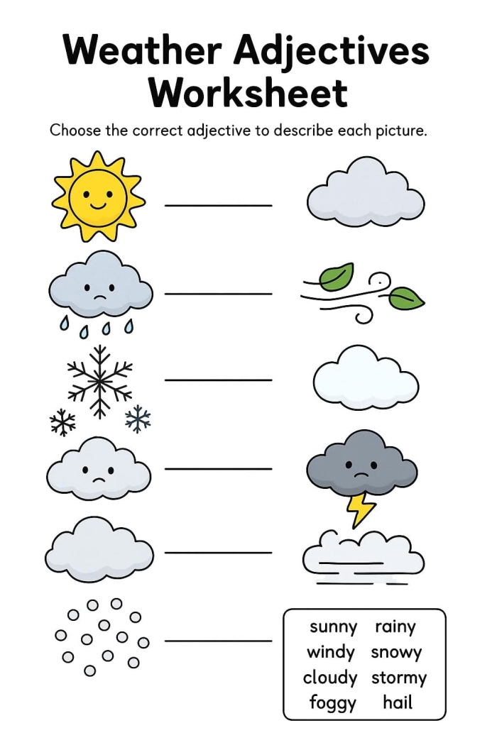 Adjectives to Describe Weather worksheet for second graders focusing on grammar skills