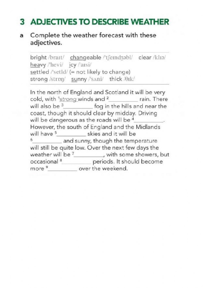 Worksheet featuring adjectives for describing weather for second graders