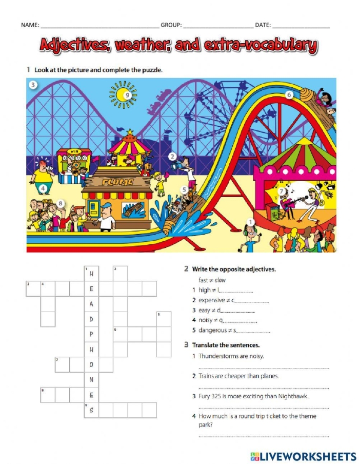 Adjectives to Describe Weather worksheet for second graders focusing on sentence construction