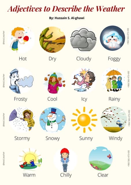 Adjectives to Describe Weather worksheet for second graders focusing on grammar skills