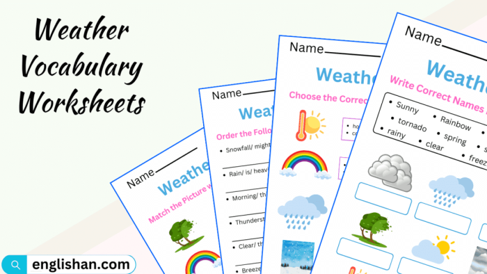 Worksheet featuring adjectives for describing weather suitable for second graders