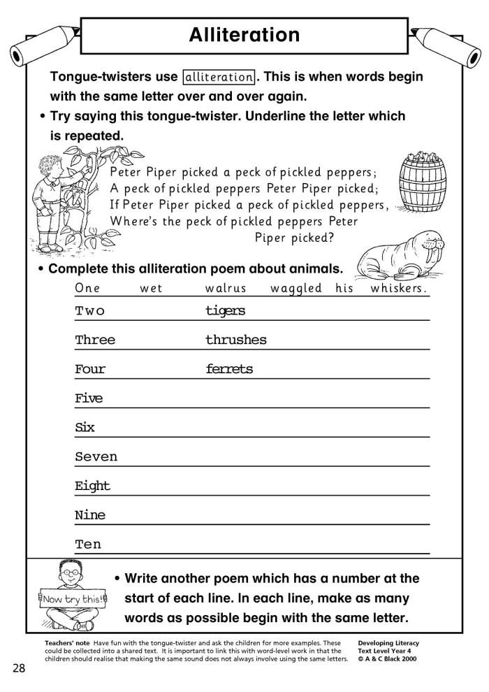 Alliteration in Poetry worksheet featuring spring-themed repeated sounds activity Third Grade worksheet focusing on alliteration in the poem Casey at the Bat