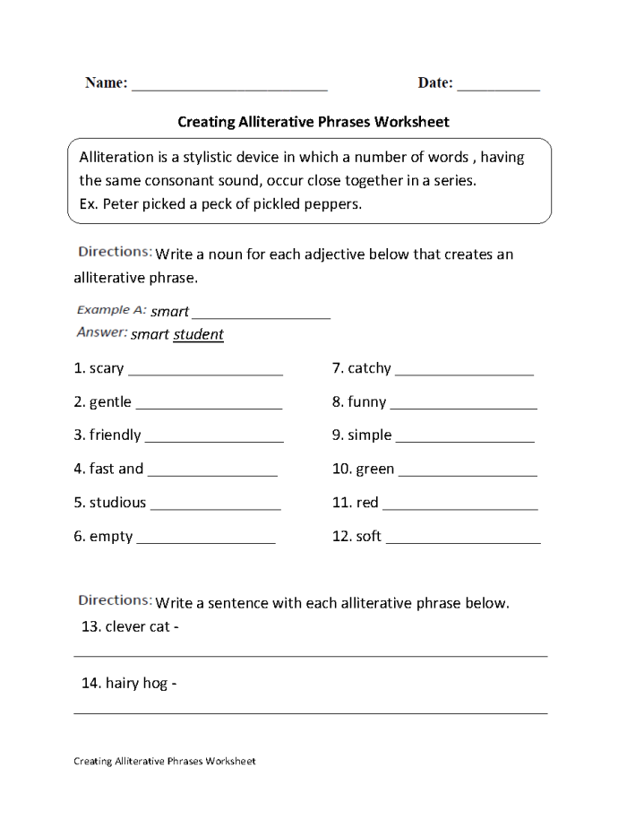 Worksheet 22 exploring alliteration in spring poetry for third graders Third grade students identifying alliteration in the poem Casey at the Bat on worksheet 22