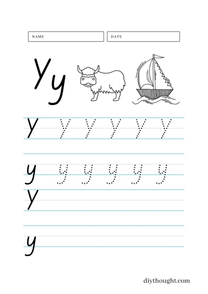 Preschool worksheet featuring the letter Y with coloring activities to teach the alphabet