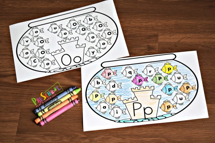 Finish the Fish Alphabet activity for kindergarten time and money review, image 16 Kindergarten worksheet with ocean fish missing lowercase letters to complete the alphabet
